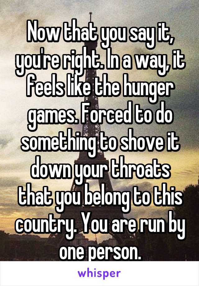 Now that you say it, you're right. In a way, it feels like the hunger games. Forced to do something to shove it down your throats that you belong to this country. You are run by one person.