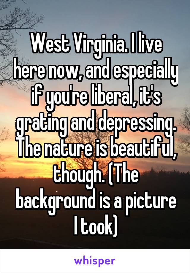 West Virginia. I live here now, and especially if you're liberal, it's grating and depressing. The nature is beautiful, though. (The background is a picture I took)