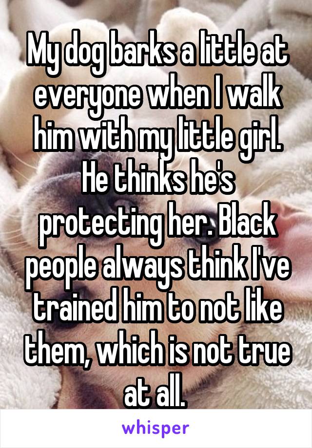 My dog barks a little at everyone when I walk him with my little girl. He thinks he's protecting her. Black people always think I've trained him to not like them, which is not true at all. 