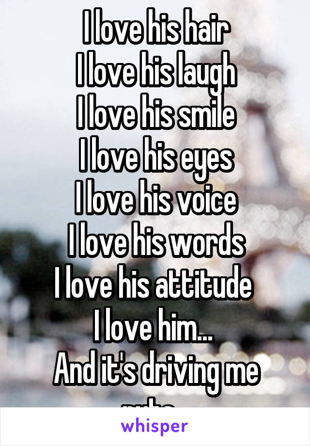 I love his hair
I love his laugh
I love his smile
I love his eyes
I love his voice
I love his words
I love his attitude 
I love him... 
And it's driving me nuts.. 