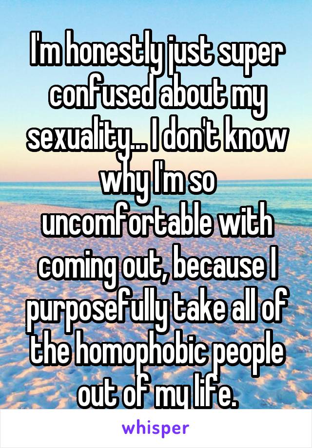 I'm honestly just super confused about my sexuality... I don't know why I'm so uncomfortable with coming out, because I purposefully take all of the homophobic people out of my life.