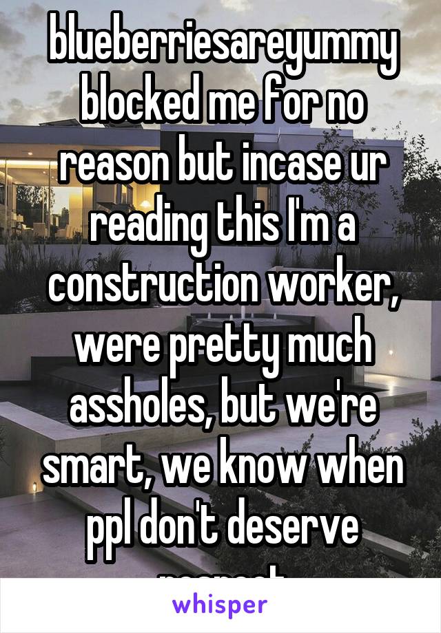 blueberriesareyummy blocked me for no reason but incase ur reading this I'm a construction worker, were pretty much assholes, but we're smart, we know when ppl don't deserve respect