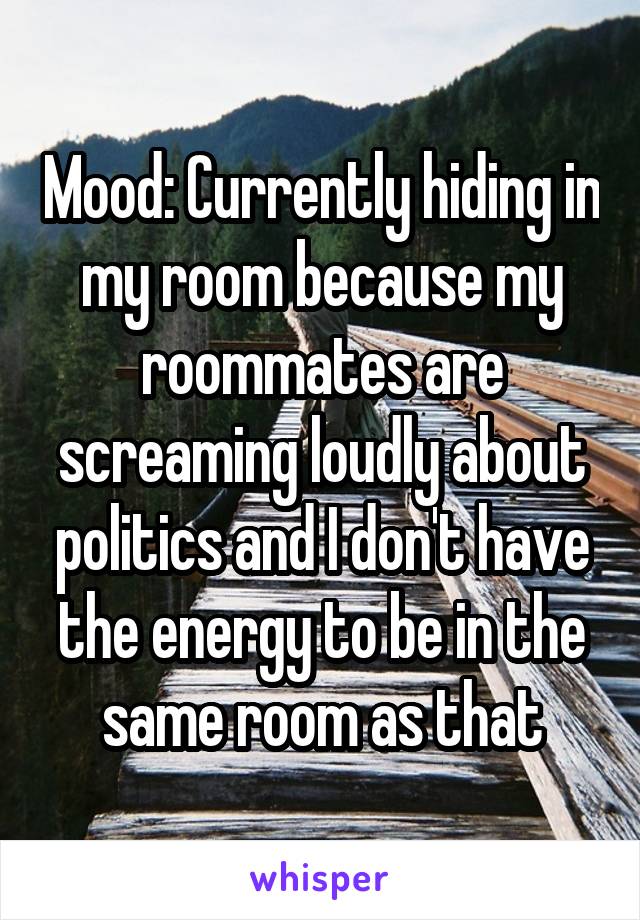 Mood: Currently hiding in my room because my roommates are screaming loudly about politics and I don't have the energy to be in the same room as that