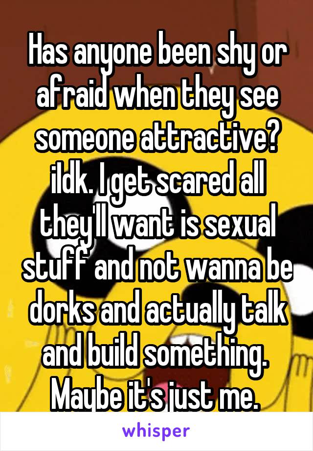 Has anyone been shy or afraid when they see someone attractive? iIdk. I get scared all they'll want is sexual stuff and not wanna be dorks and actually talk and build something. 
Maybe it's just me. 