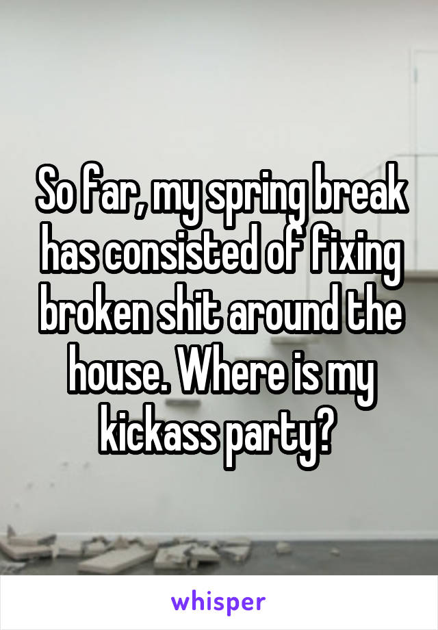 So far, my spring break has consisted of fixing broken shit around the house. Where is my kickass party? 