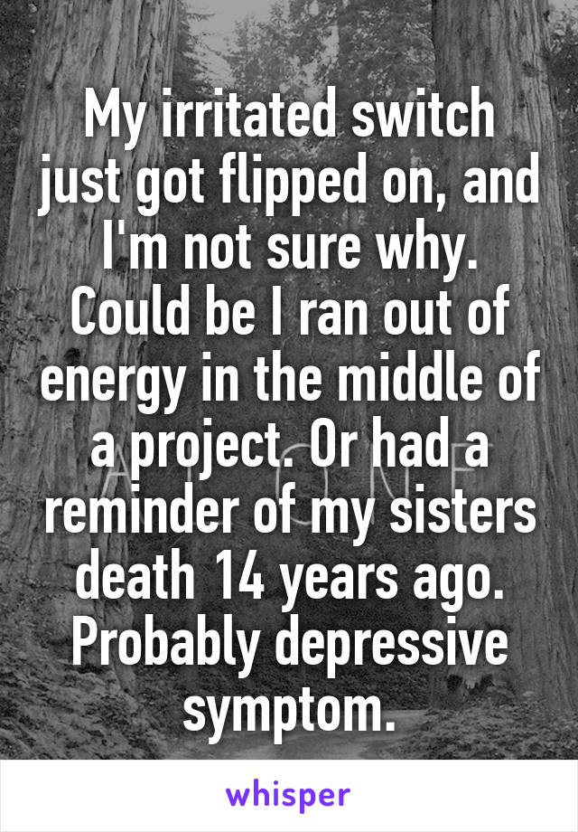 My irritated switch just got flipped on, and I'm not sure why. Could be I ran out of energy in the middle of a project. Or had a reminder of my sisters death 14 years ago. Probably depressive symptom.