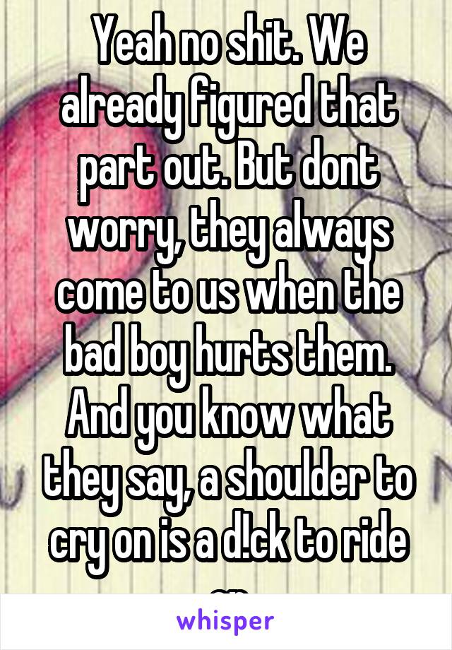 Yeah no shit. We already figured that part out. But dont worry, they always come to us when the bad boy hurts them. And you know what they say, a shoulder to cry on is a d!ck to ride on