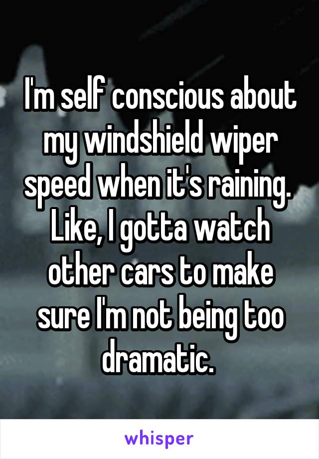 I'm self conscious about my windshield wiper speed when it's raining. 
Like, I gotta watch other cars to make sure I'm not being too dramatic. 