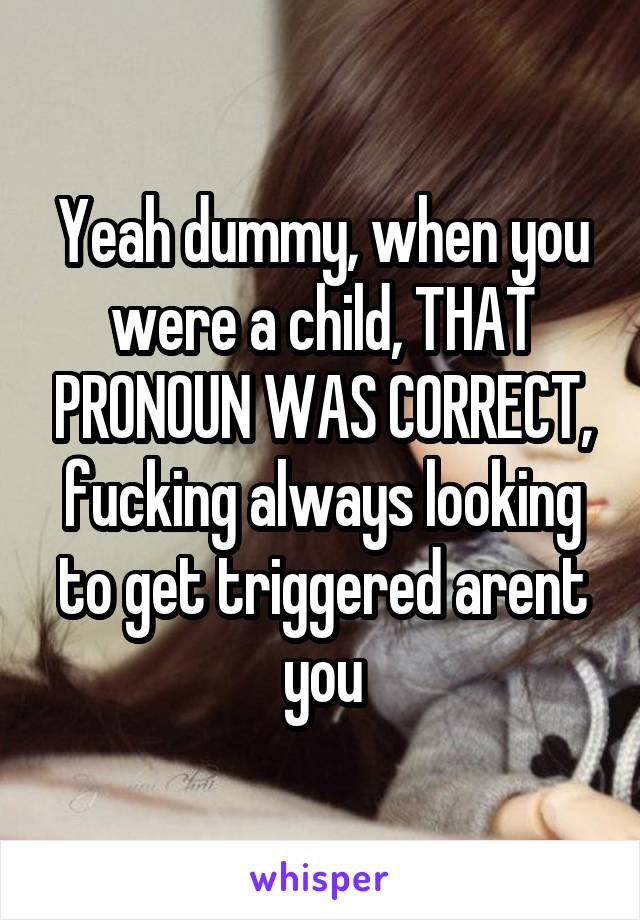 Yeah dummy, when you were a child, THAT PRONOUN WAS CORRECT, fucking always looking to get triggered arent you