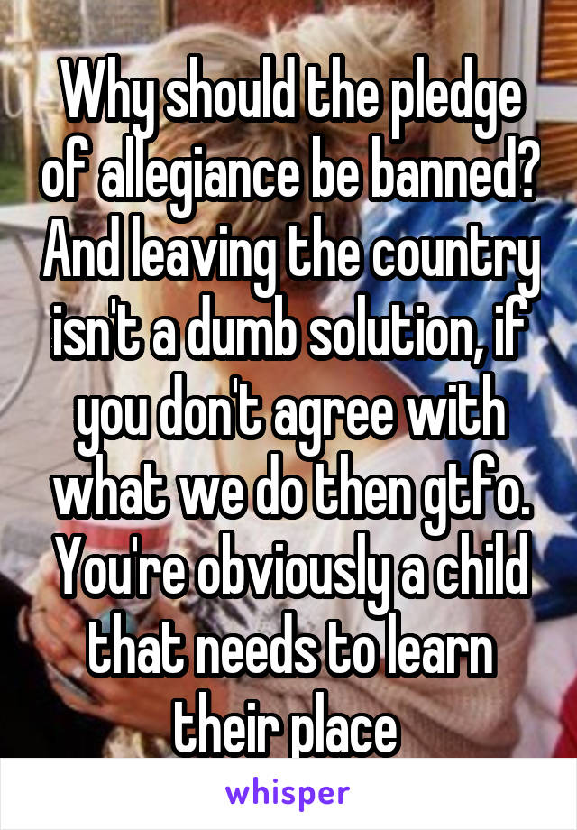 Why should the pledge of allegiance be banned? And leaving the country isn't a dumb solution, if you don't agree with what we do then gtfo. You're obviously a child that needs to learn their place 