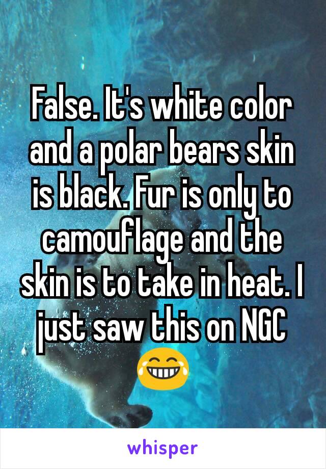 False. It's white color and a polar bears skin is black. Fur is only to camouflage and the skin is to take in heat. I just saw this on NGC 😂