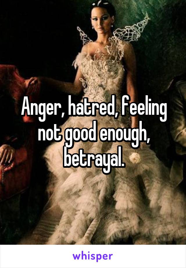 Anger, hatred, feeling not good enough, betrayal.