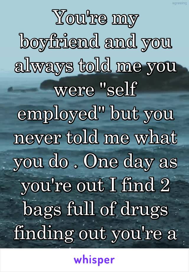 You're my boyfriend and you always told me you were "self employed" but you never told me what you do . One day as you're out I find 2 bags full of drugs finding out you're a drug dealer . 