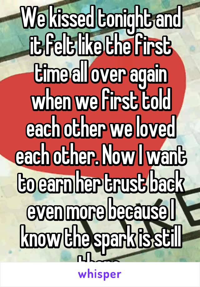 We kissed tonight and it felt like the first time all over again when we first told each other we loved each other. Now I want to earn her trust back even more because I know the spark is still there.