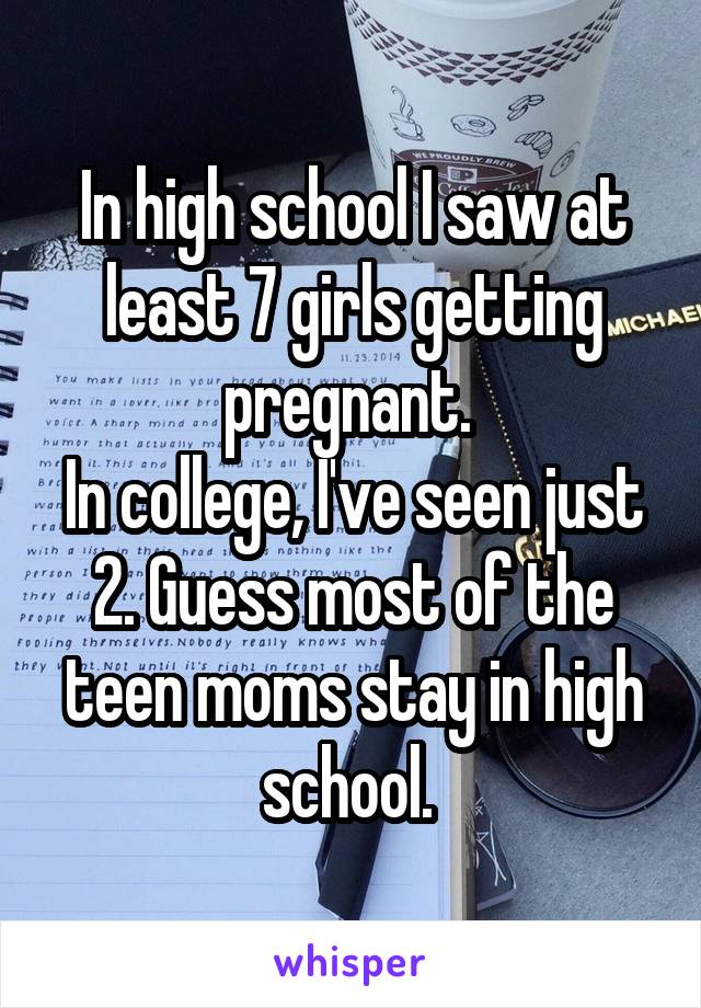 In high school I saw at least 7 girls getting pregnant. 
In college, I've seen just 2. Guess most of the teen moms stay in high school. 