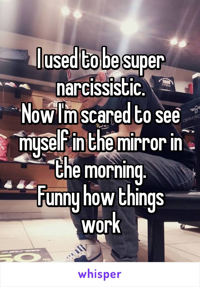 I used to be super narcissistic.
Now I'm scared to see myself in the mirror in the morning.
Funny how things work