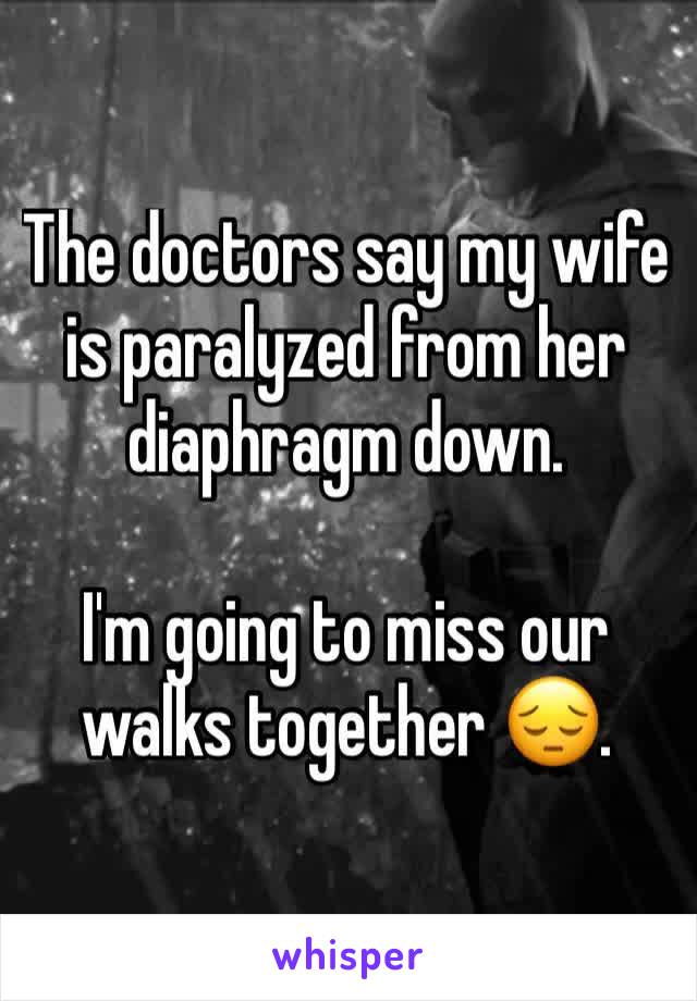 The doctors say my wife is paralyzed from her diaphragm down. 

I'm going to miss our walks together 😔. 