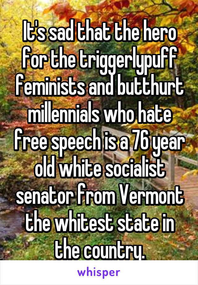 It's sad that the hero for the triggerlypuff feminists and butthurt millennials who hate free speech is a 76 year old white socialist senator from Vermont the whitest state in the country.