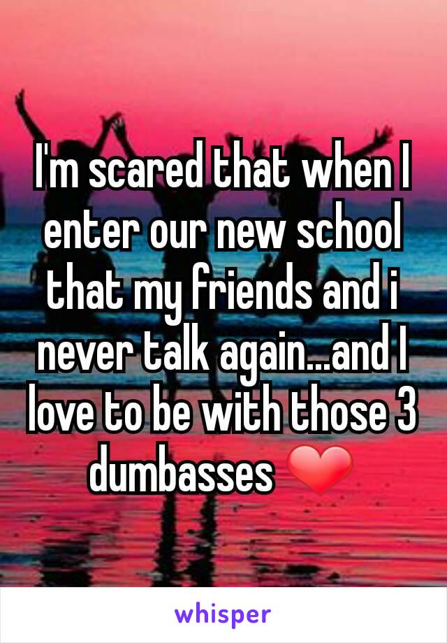 I'm scared that when I enter our new school that my friends and i never talk again...and I love to be with those 3 dumbasses ❤