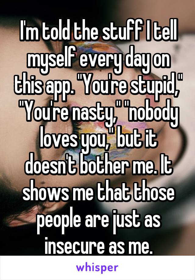 I'm told the stuff I tell myself every day on this app. "You're stupid," "You're nasty," "nobody loves you," but it doesn't bother me. It shows me that those people are just as insecure as me.