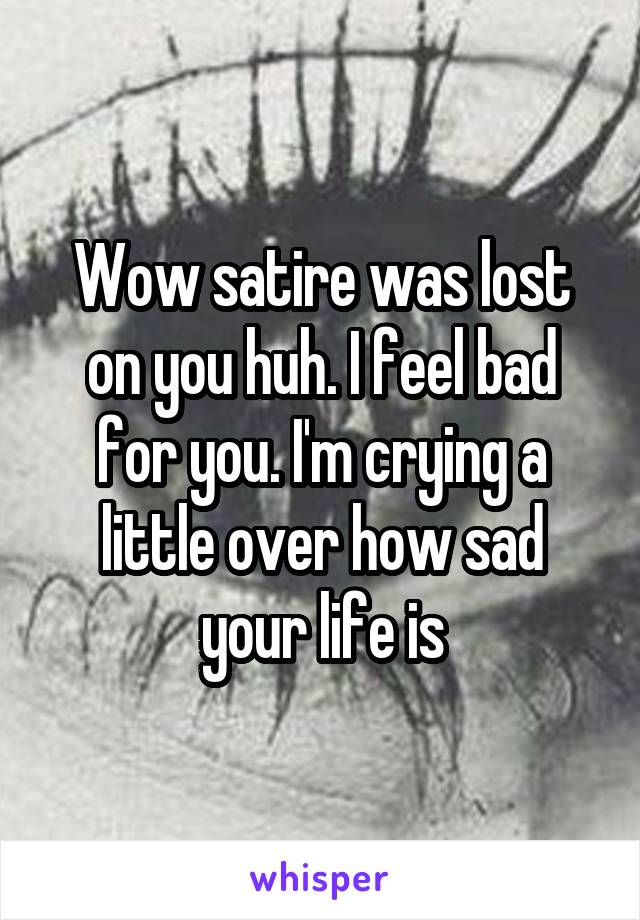 Wow satire was lost on you huh. I feel bad for you. I'm crying a little over how sad your life is