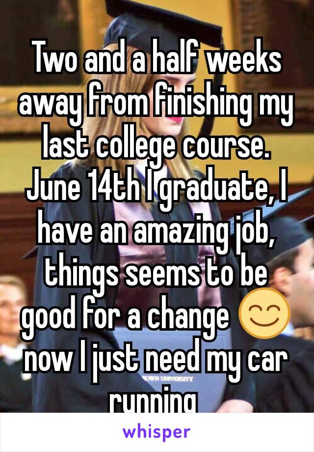 Two and a half weeks away from finishing my last college course. June 14th I graduate, I have an amazing job, things seems to be good for a change 😊 now I just need my car running 