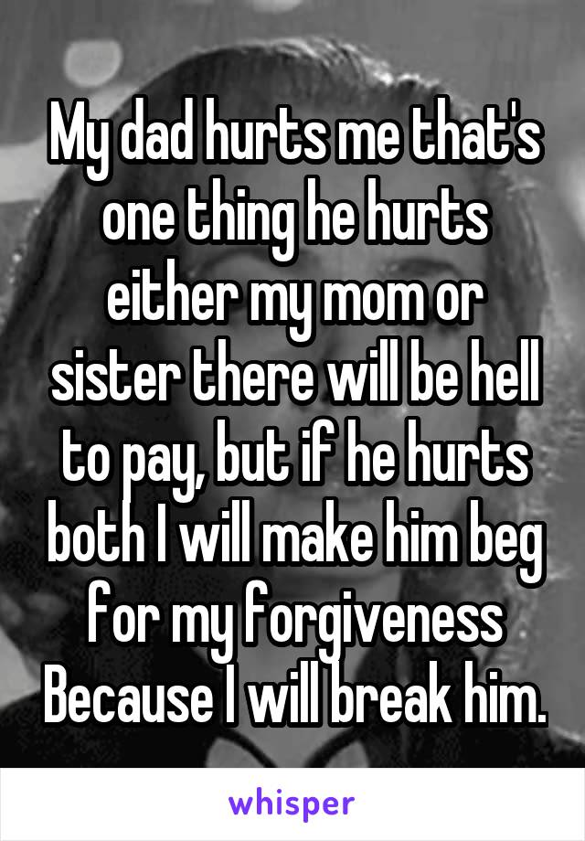 My dad hurts me that's one thing he hurts either my mom or sister there will be hell to pay, but if he hurts both I will make him beg for my forgiveness Because I will break him.