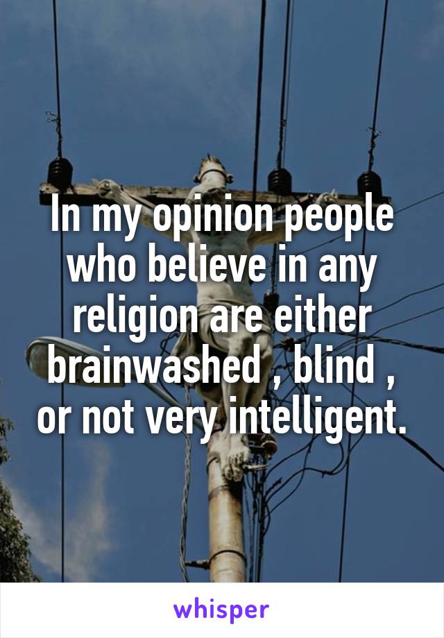 In my opinion people who believe in any religion are either brainwashed , blind , or not very intelligent.