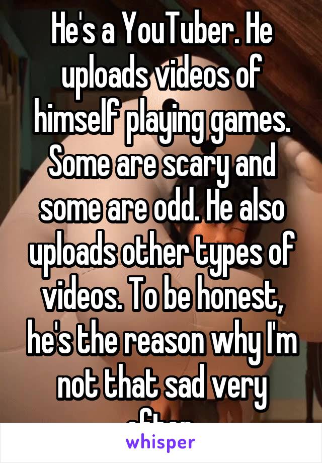 He's a YouTuber. He uploads videos of himself playing games. Some are scary and some are odd. He also uploads other types of videos. To be honest, he's the reason why I'm not that sad very often.