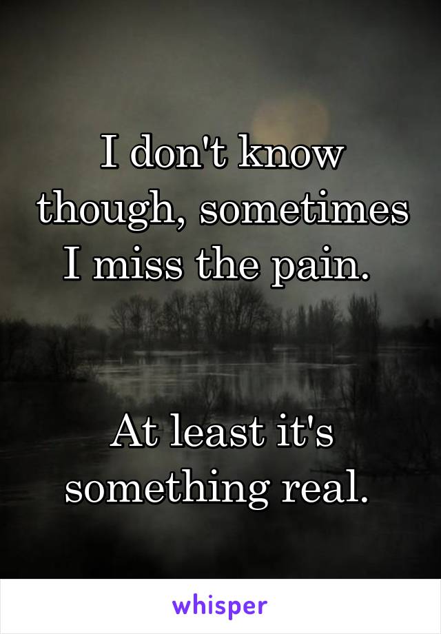 I don't know though, sometimes I miss the pain. 


At least it's something real. 