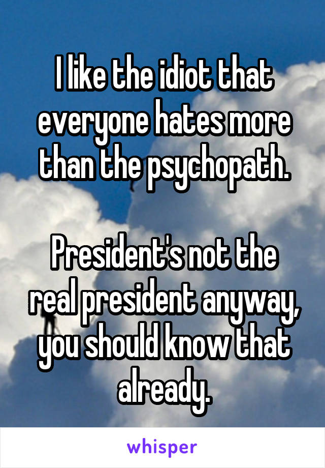 I like the idiot that everyone hates more than the psychopath.

President's not the real president anyway, you should know that already.