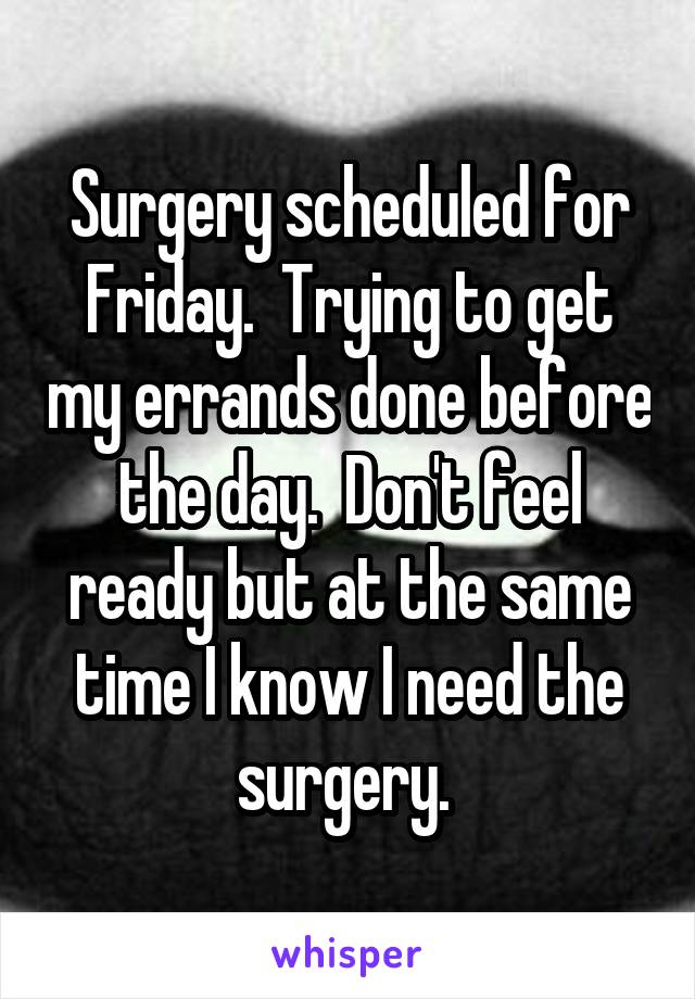 Surgery scheduled for Friday.  Trying to get my errands done before the day.  Don't feel ready but at the same time I know I need the surgery. 