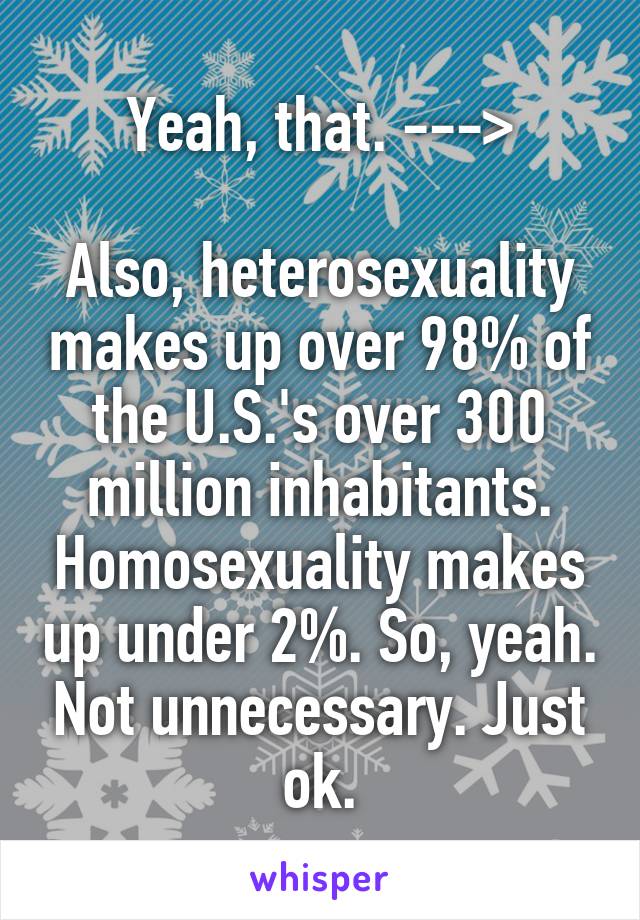 Yeah, that. --->

Also, heterosexuality makes up over 98% of the U.S.'s over 300 million inhabitants. Homosexuality makes up under 2%. So, yeah. Not unnecessary. Just ok.