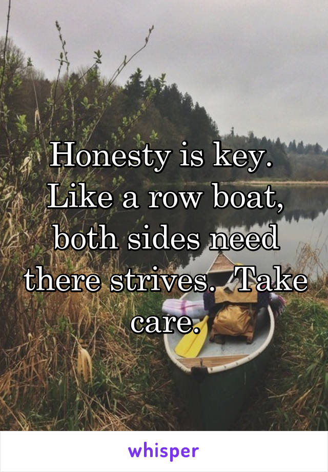 Honesty is key.  Like a row boat, both sides need there strives.  Take care.