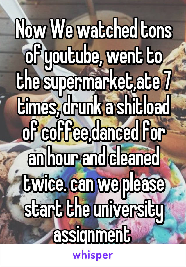 Now We watched tons of youtube, went to the supermarket,ate 7 times, drunk a shitload of coffee,danced for an hour and cleaned twice. can we please start the university assignment 