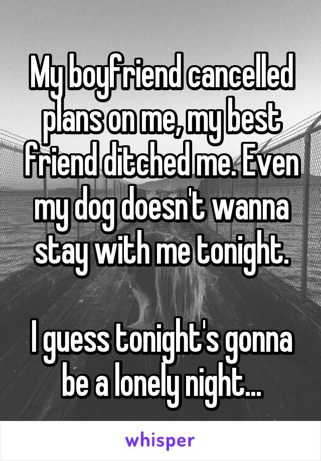 My boyfriend cancelled plans on me, my best friend ditched me. Even my dog doesn't wanna stay with me tonight.

I guess tonight's gonna be a lonely night...