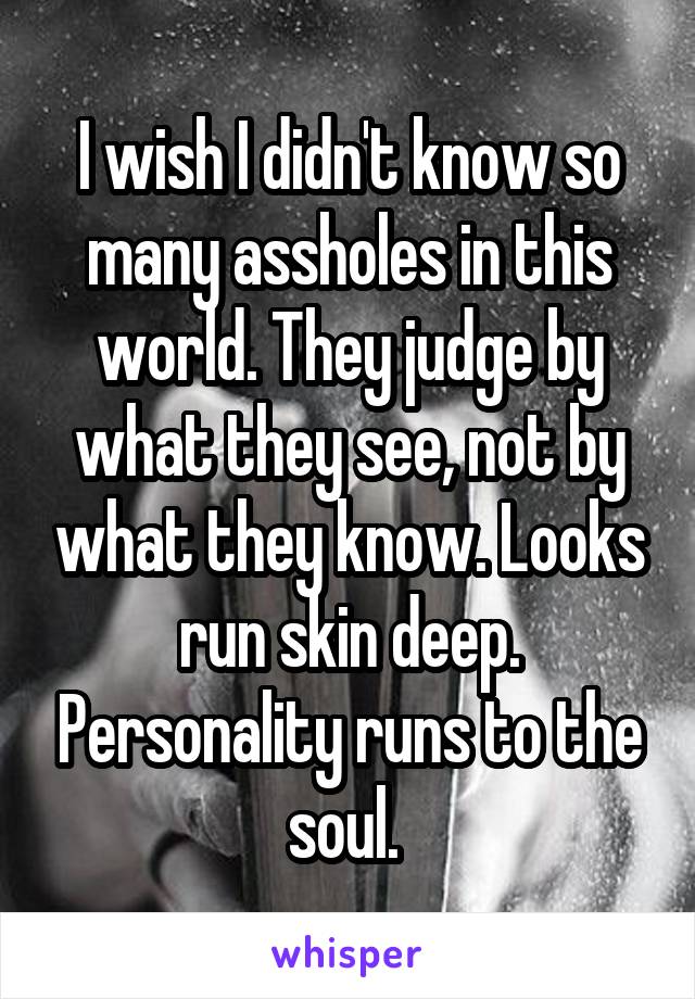 I wish I didn't know so many assholes in this world. They judge by what they see, not by what they know. Looks run skin deep. Personality runs to the soul. 