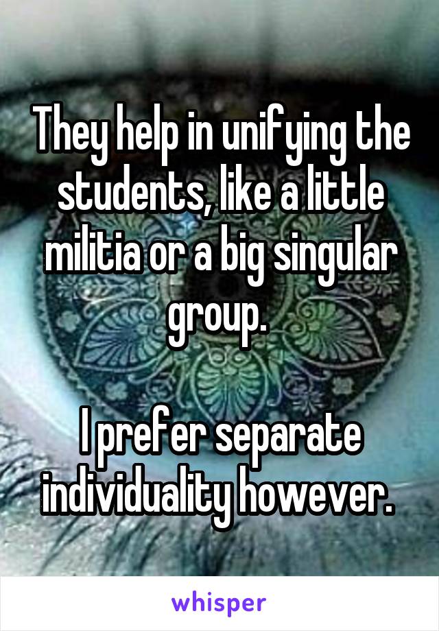 They help in unifying the students, like a little militia or a big singular group. 

I prefer separate individuality however. 