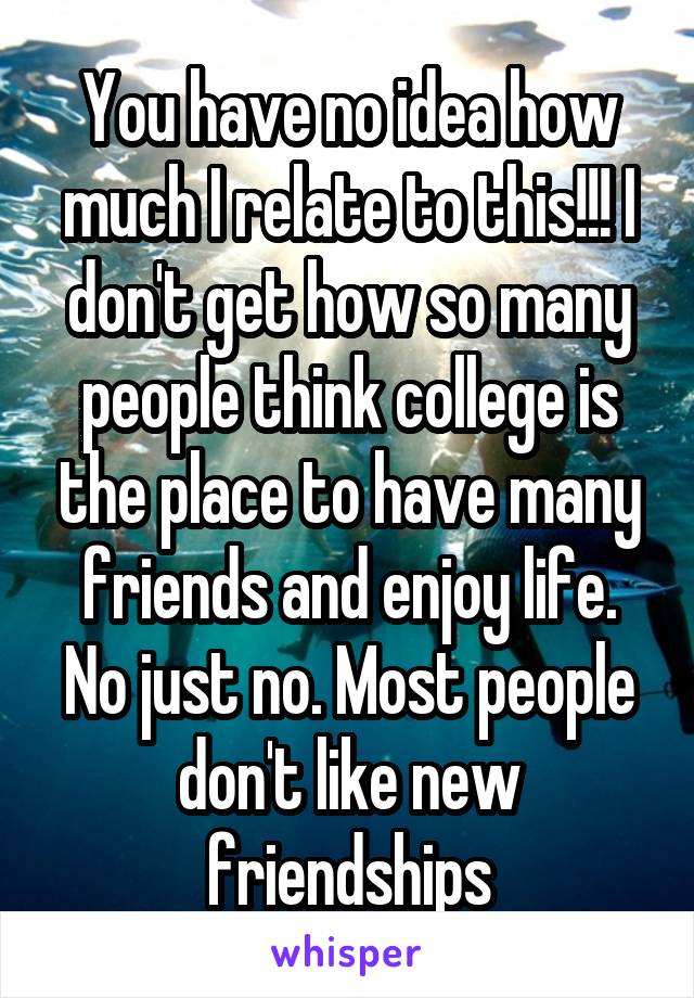 You have no idea how much I relate to this!!! I don't get how so many people think college is the place to have many friends and enjoy life. No just no. Most people don't like new friendships