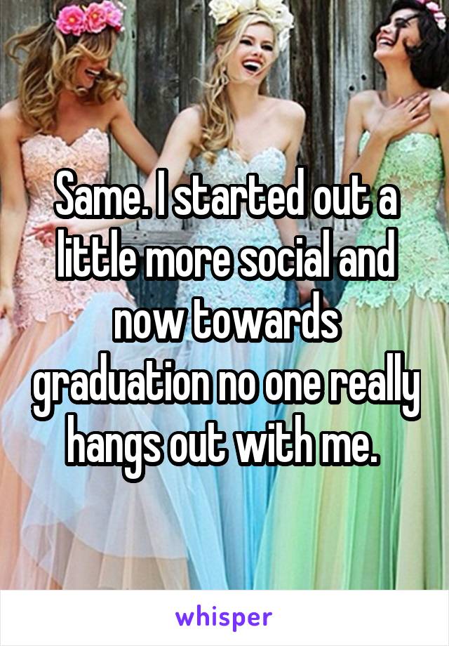 Same. I started out a little more social and now towards graduation no one really hangs out with me. 