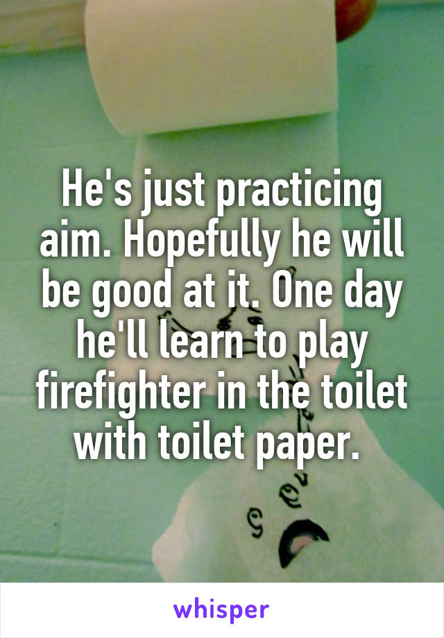 He's just practicing aim. Hopefully he will be good at it. One day he'll learn to play firefighter in the toilet with toilet paper. 