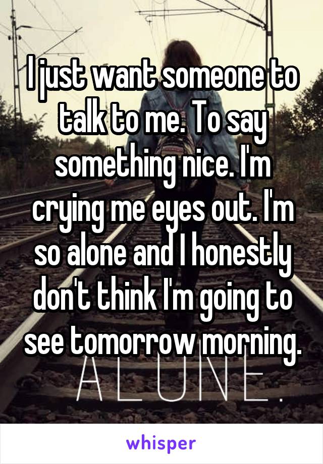 I just want someone to talk to me. To say something nice. I'm crying me eyes out. I'm so alone and I honestly don't think I'm going to see tomorrow morning. 
