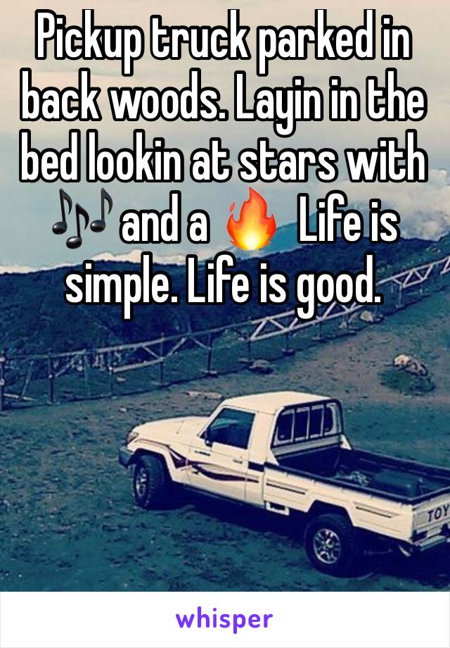 Pickup truck parked in back woods. Layin in the bed lookin at stars with 🎶 and a 🔥  Life is simple. Life is good. 
