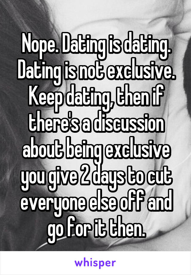 Nope. Dating is dating. Dating is not exclusive. Keep dating, then if there's a discussion about being exclusive you give 2 days to cut everyone else off and go for it then.