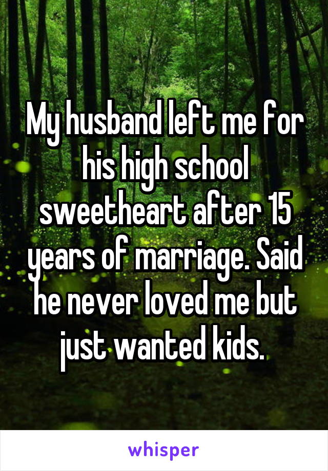 My husband left me for his high school sweetheart after 15 years of marriage. Said he never loved me but just wanted kids. 