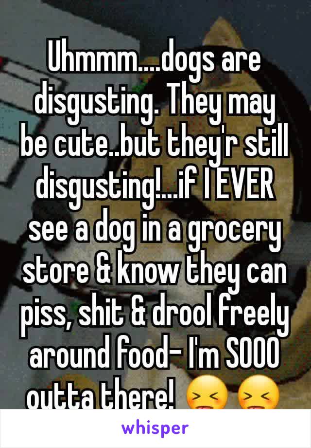 Uhmmm....dogs are disgusting. They may be cute..but they'r still disgusting!...if I EVER see a dog in a grocery store & know they can piss, shit & drool freely around food- I'm SOOO outta there! 😝😝