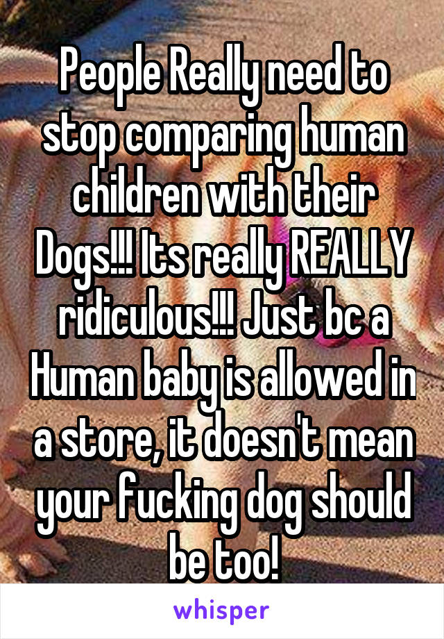 People Really need to stop comparing human children with their Dogs!!! Its really REALLY ridiculous!!! Just bc a Human baby is allowed in a store, it doesn't mean your fucking dog should be too!
