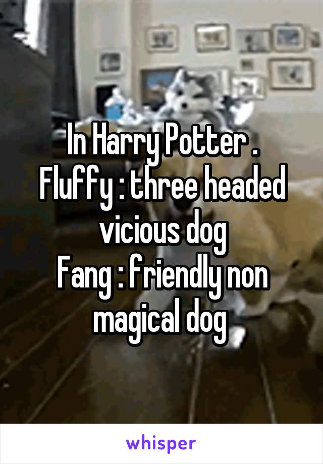 In Harry Potter .
Fluffy : three headed vicious dog
Fang : friendly non magical dog 