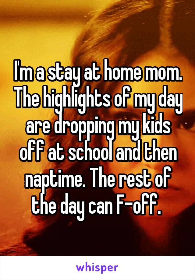 I'm a stay at home mom. The highlights of my day are dropping my kids off at school and then naptime. The rest of the day can F-off. 