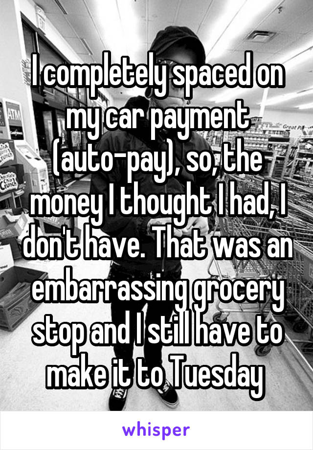 I completely spaced on my car payment (auto-pay), so, the money I thought I had, I don't have. That was an embarrassing grocery stop and I still have to make it to Tuesday 